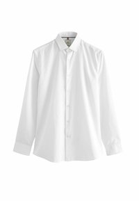 Cămașă albă cu mânecă lungă, cu nasturi, din bumbac. Prezintă un guler ascuțit și o margine dreaptă. Material neted, fără textură.
