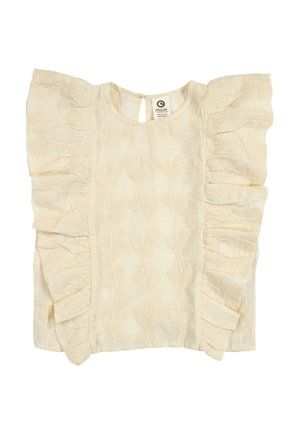 Cream-colored toddler blouse with textured floral pattern, ruffled sleeves, and a keyhole button closure at the back neckline.
