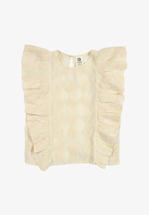 Cream-colored toddler blouse with textured floral pattern, ruffled sleeves, and a keyhole button closure at the back neckline.