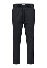 Schwarze Baumwollhose mit elastischem Bund, Kordelzug, geradem Schnitt und ohne Taschen, mit einer glatten, weichen Textur.
