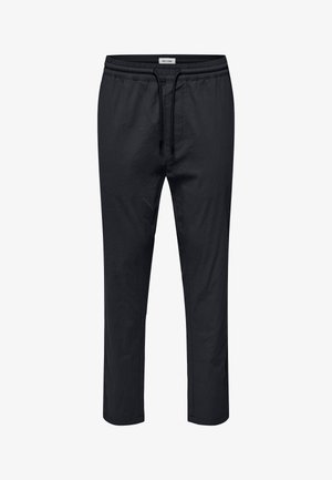 Black cotton trousers with an elastic waistband, drawstring, straight cut, and no pockets, featuring a smooth, soft texture.