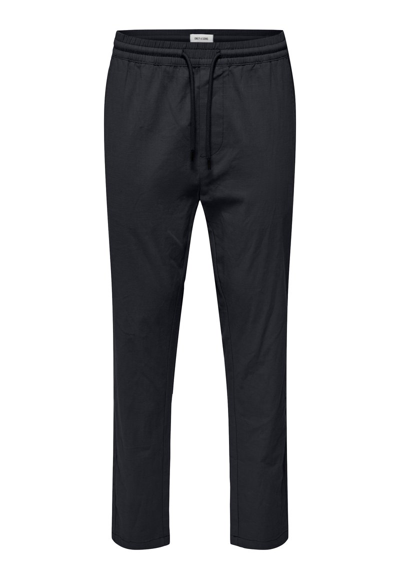 Schwarze Baumwollhose mit elastischem Bund, Kordelzug, geradem Schnitt und ohne Taschen, mit einer glatten, weichen Textur.