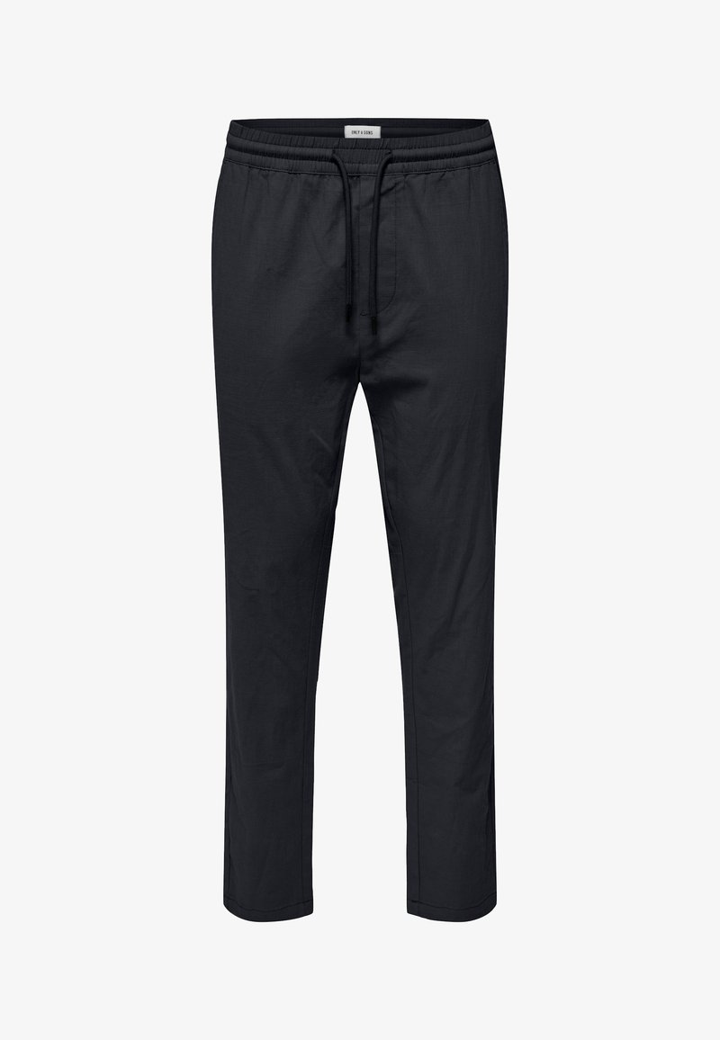 Black cotton trousers with an elastic waistband, drawstring, straight cut, and no pockets, featuring a smooth, soft texture.