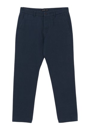 Chinos bleu marine en coton, avec une coupe droite, des poches latérales et une fermeture à bouton sur le devant. Texture lisse sans motifs.
