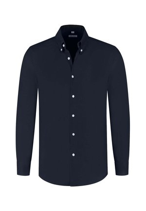 Diepblauwe langslavige overhemden met witte knopen en een geknoopte kraag.