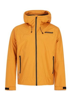 Světlé oranžové bunda s kapucí, předním zipem, nastavitelné šňůrky na kapuci, boční kapsy na zip a zápěstními popruhy se suchým zipem.