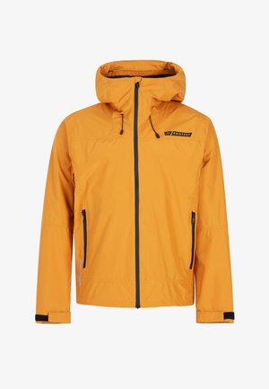 Světlé oranžové bunda s kapucí, předním zipem, nastavitelné šňůrky na kapuci, boční kapsy na zip a zápěstními popruhy se suchým zipem.