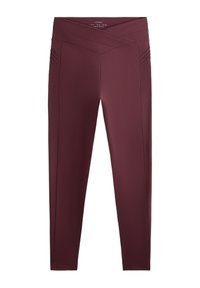 Leggings burgundii dintr-un material neted și elastic. Au un talie lata, încrucișată, și cusături verticale subtile pe părți.