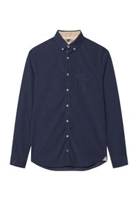 Camicia a maniche lunghe di colore blu navy, realizzata in tessuto testurizzato; presenta una tasca frontale, colletto a punta e chiusura a bottoni.