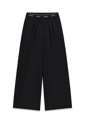 Pantaloni neri a gamba larga con vita elastica caratterizzata da una stampa ripetuta con il logo bianco "GUESS".