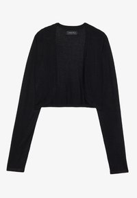 Black cropped cardigan with long sleeves, open front, made of light textured fabric. Simple design with no visible fasteners or embellishments.