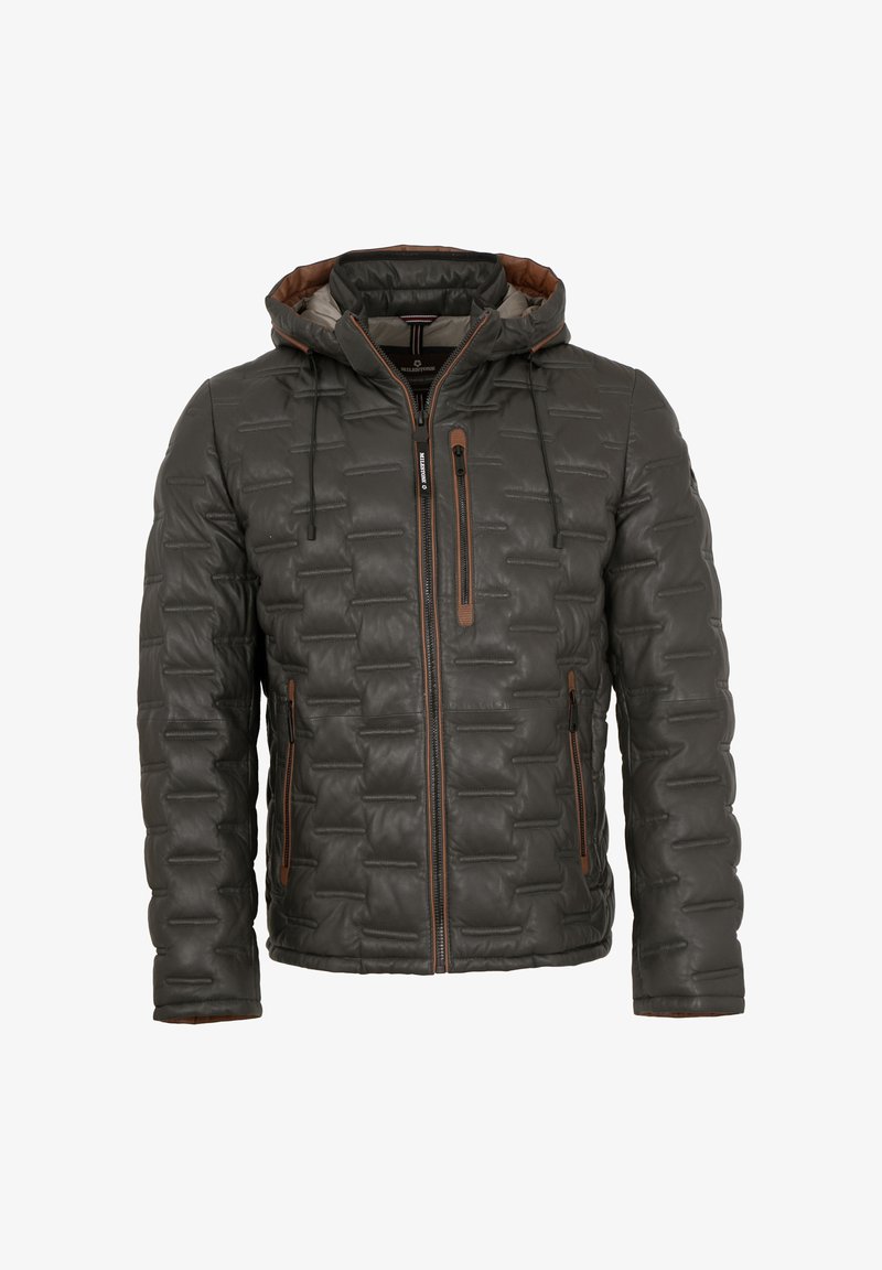 Men’s dark gray quilted jacket with hood, front zipper, chest and side zip pockets, and brown trim accents.
