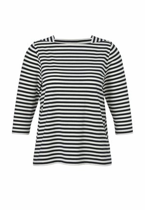 Schwarz-weiß gestreiftes Shirt mit horizontalen Streifen, Dreiviertelärmeln und weitem Bootsausschnitt.