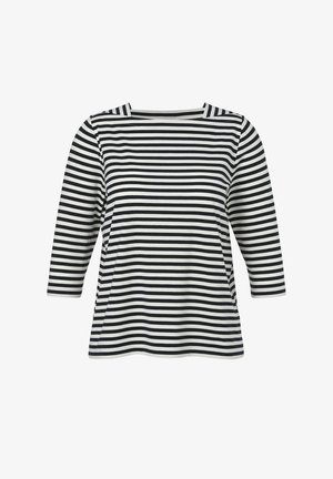 Schwarz-weiß gestreiftes Shirt mit horizontalen Streifen, Dreiviertelärmeln und weitem Bootsausschnitt.