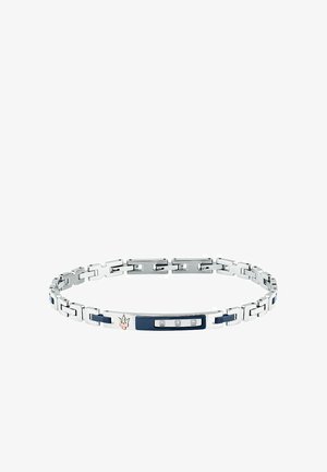 Silberne Armkette mit navyblauen Akzenten, mit einem rechteckigen zentralen Element, das drei kleine klare Steine und ein Logo-Emblem zeigt.