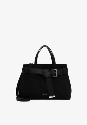 Czarna torebka wykonana z zamszu i skóry w sztywnym kształcie, z akcentem w postaci klamry oraz krótkimi uchwytami. Zawiera regulowany pasek na ramię.