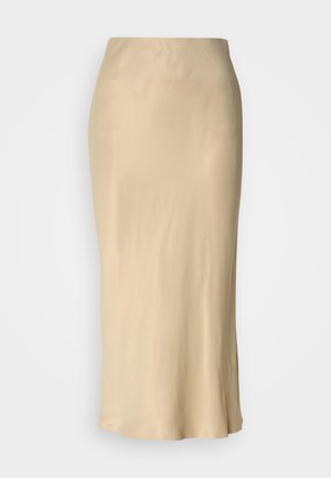 Beige satiini midi-hame, jossa on sileä ja kiiltävä pinta. Pitävä vyötärö, jossa on levenevä helma, yksinkertainen muotoilu ilman näkyviä kuvioita.
