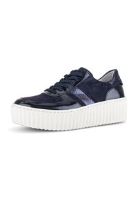 Navy blue sneaker with a patent leather and suede upper, featuring a textured white platform sole and contrasting metallic accents.