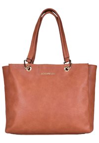 Bolso tote de imitación de cuero marrón con asas dobles, herrajes en tono dorado y un logo en la parte frontal. Forma rectangular con una textura suave.
