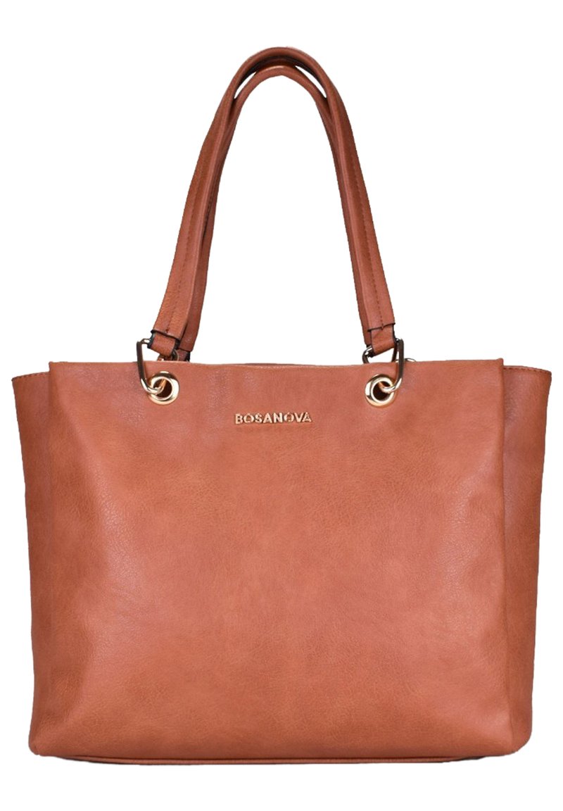 Bolso tote de imitación de cuero marrón con asas dobles, herrajes en tono dorado y un logo en la parte frontal. Forma rectangular con una textura suave.