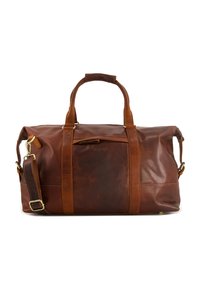 Sac de voyage en cuir brun avec des finitions dorées, doté de poignées supérieures doubles, d'une bandoulière amovible et d'une surface lisse et texturée.