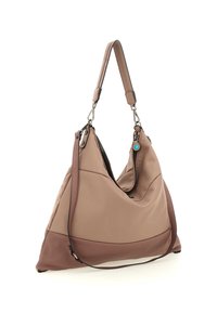Grande borsa in pelle marrone con un design morbido, dotata di una singola tracolla, chiusura con zip e texture a contrasto.