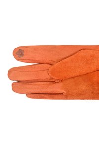 Guanti in suede arancione con accento floreale sul polso. Il design include quattro dita e una finitura morbida e testurizzata.