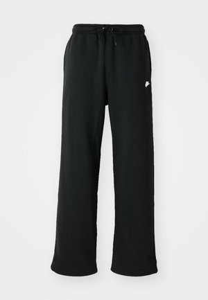 Black sweatpants made of soft fabric, featuring an elastic waistband with adjustable drawstring and a small logo accent on the side.