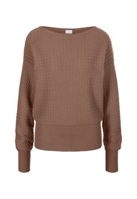 Brązowy sweter dziergany z teksturowanym wzorem, szerokim dekoltem oraz ściągaczami przy rękawach i dole. Posiada luźny krój i długie rękawy.