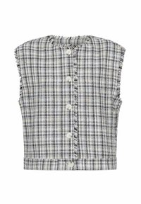 Ærmeløs ternet vest i sort, grå og hvid med svage gule accenter. Har lodrette frynsede kanter og frontknaplukning.