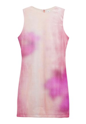 Ärmelloses Kleid aus glattem, glänzendem Stoff mit einem Pink- und Helllila-Verlauf. Reißverschluss auf der Rückseite und ein schlichter runder Ausschnitt.