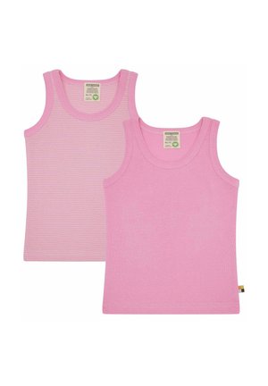 Due canotte rosa: una rosa solida e l'altra con sottili righe bianche. Entrambe hanno un collo rotondo e sono in cotone.