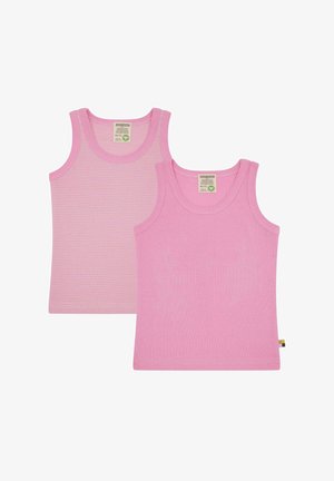 Twee roze tanktops: de ene effen roze, de andere met dunne witte strepen. Beide hebben een ronde halslijn en zijn van katoen.