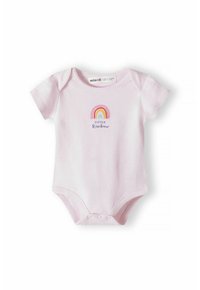 Rosa randig kortärmad body med rund halsringning. Har en broderad regnbågsdesign och texten "LILLA Regnbåge" nedanför.