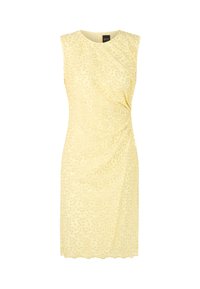 Gelbes ärmelloses Kleid mit strukturiertem Blumenmuster, figurbetonter Silhouette und gewelltem Saum, aus leichtem Stoff mit glatter Oberfläche.