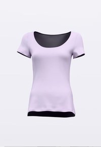 Fliederfarbener Kurzarmtop mit rundem Halsausschnitt, schwarzem Saum und Ärmeln. Hergestellt aus glattem Stoff, mit figurbetontem Schnitt.