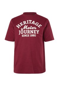 Bordeauxrotes Baumwoll-T-Shirt mit Rundhalsausschnitt, das weißen Text in fetter Schrift trägt: "HERITAGE Motor JOURNEY SINCE 1880".