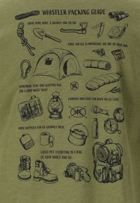 Guide de préparation pour Whistler avec des croquis de corde, pelle, hache, trousse de premiers secours, tente, sac de couchage, boussole, lanterne, provisions alimentaires, bottes, appareil photo et sac à dos.