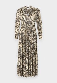 Μάξι φόρεμα με λεοπάρ μοτίβο, μακριά μανίκια, πλισέ φούστα και ύφασμα που τυλίγεται στη μέση σε μπεζ και μαύρους τόνους. Λεπτομέρεια στο ντεκολτέ με άνοιγμα σε σχήμα κλειδαρότρυπας.