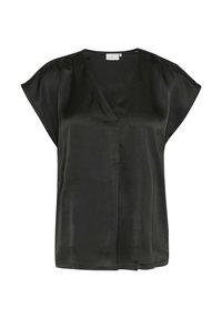 Haut en satin noir avec un décolleté en V et des manches courtes larges. Texture lisse avec un design fluide. Aucun motif ni détail d'ornement visible.