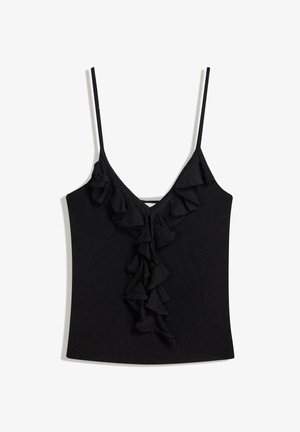 Schwarzes Tanktop mit tiefem V-Ausschnitt und vertikalen Rüschendetails auf der Vorderseite. Hergestellt aus weichem Stoff mit dünnen verstellbaren Trägern.