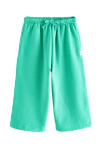 Turquoise sweatshorts made from soft fabric, featuring an elastic waistband with drawstring, side pockets, and a small logo patch.