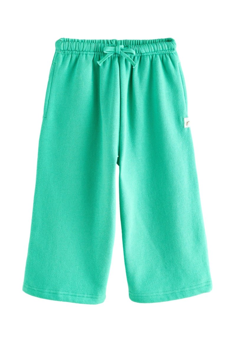 Turquoise sweatshorts made from soft fabric, featuring an elastic waistband with drawstring, side pockets, and a small logo patch.