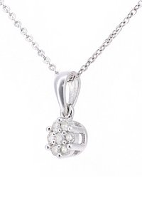 Collar de plata con un colgante que presenta un grupo redondo de piedras brillantes, engarzadas en un diseño de garras texturizadas y con una cadena fina.