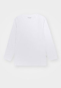 Langärmliges weißes Baumwoll-T-Shirt mit rundem Halsausschnitt, geradem Schnitt und minimalen Nähdetails an den Bündchen und dem Saum.