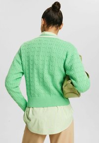 Grüne Strickjacke mit Zopfmuster, geripptem Saum und Bündchen, über einem gestreiften hellgrünen Hemd getragen. Modell hält eine weiche grüne Tasche.