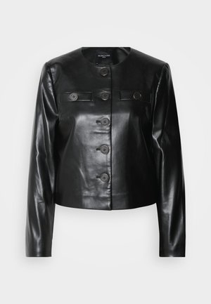 Black leather cropped jacket with a round neckline, five front buttons, and two small flap pockets. Smooth texture with a glossy finish.