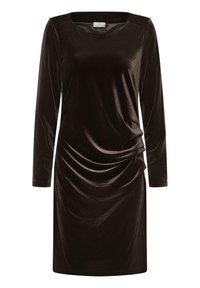 Garās piedurknes, brūnas samta kleita ar kvadrātveida dekoltē un savilkta sānu detaļa. Gluda tekstūra ar nelielu spīdumu.