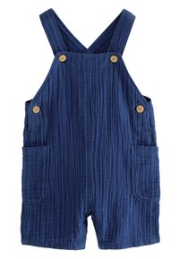 Blue striped cotton overall with cross-back straps, two front pockets, and wooden buttons. Textured fabric with vertical lines.