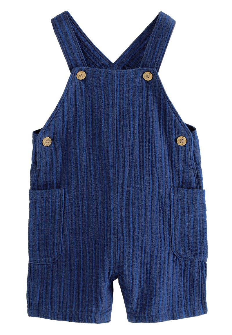 Blue striped cotton overall with cross-back straps, two front pockets, and wooden buttons. Textured fabric with vertical lines.